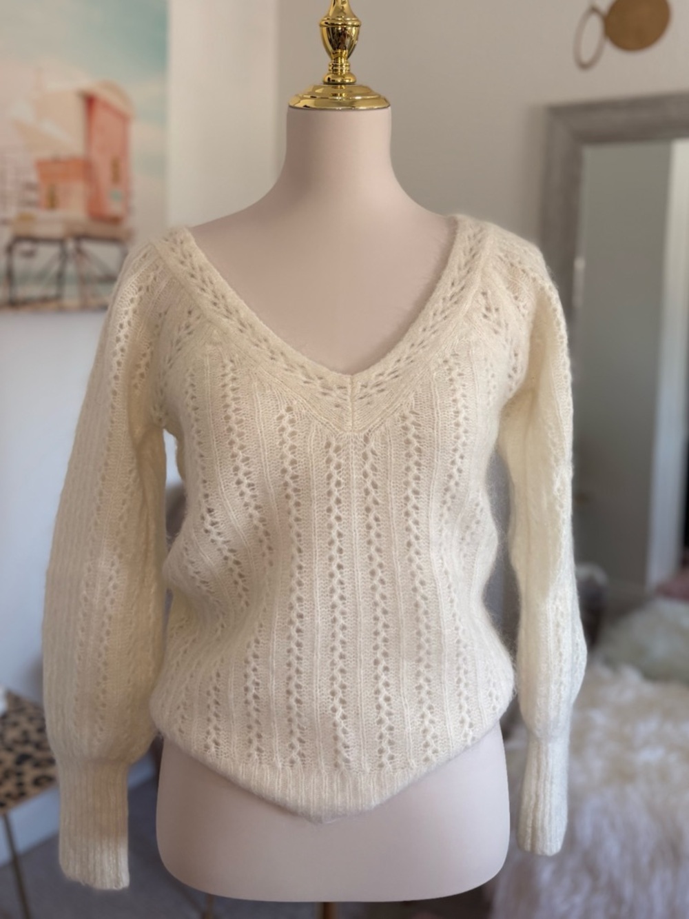 Sezane Cream feminine Open-Knit V-Neck Sweater
